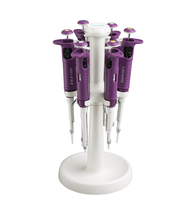 A carousel stand holding several purple and white Labnet BioPette single-channel pipettors.