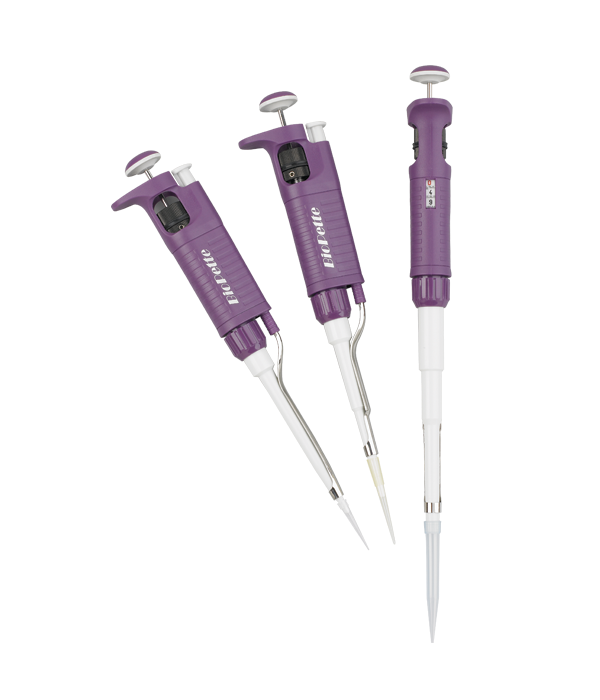 Three purple and white Labnet BioPette single-channel pipettors shown from different angles on a black background.