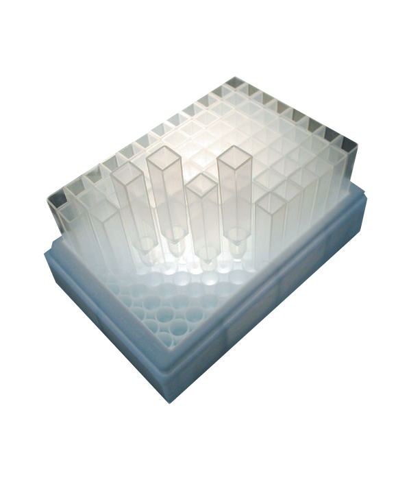 A clear plastic 96-well square deep well plate, angled from above, showing several protruding wells.