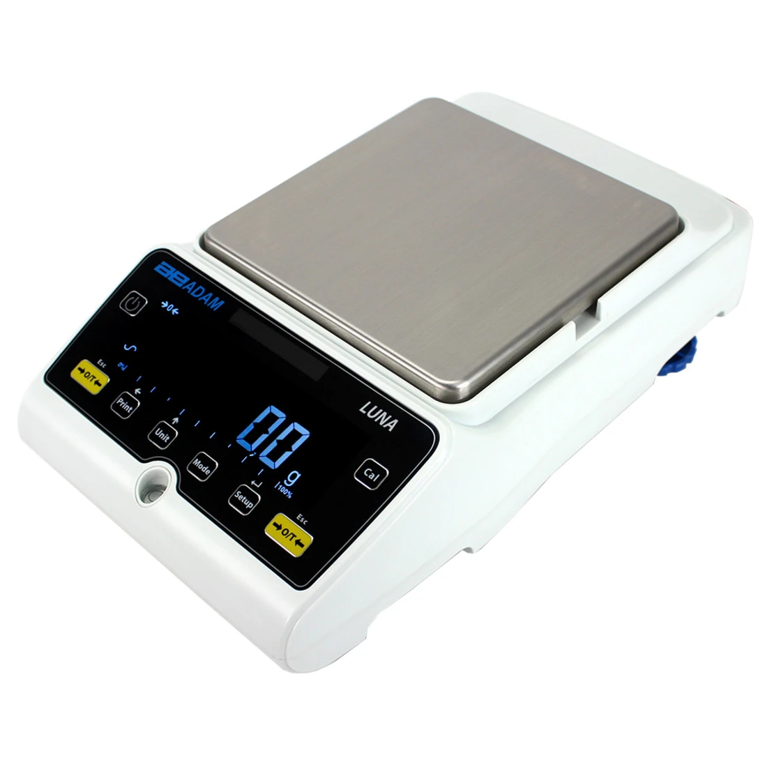 Adam Equipment Luna precision balance in white and black, angled view with stainless steel pan.