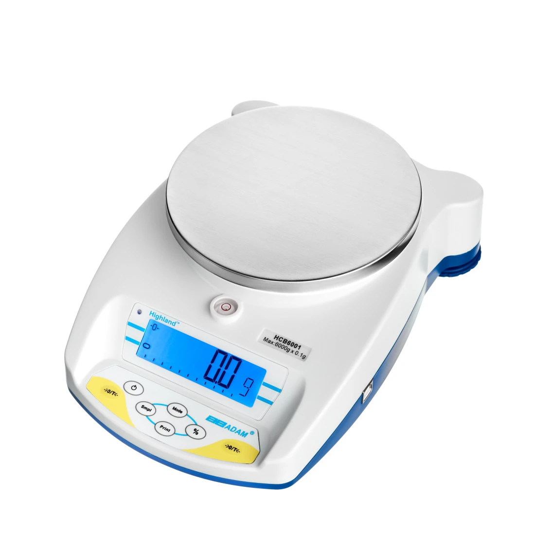 Adam Equipment HCB 6001 portable precision balance with white ABS housing, stainless steel pan, and blue backlit LCD.