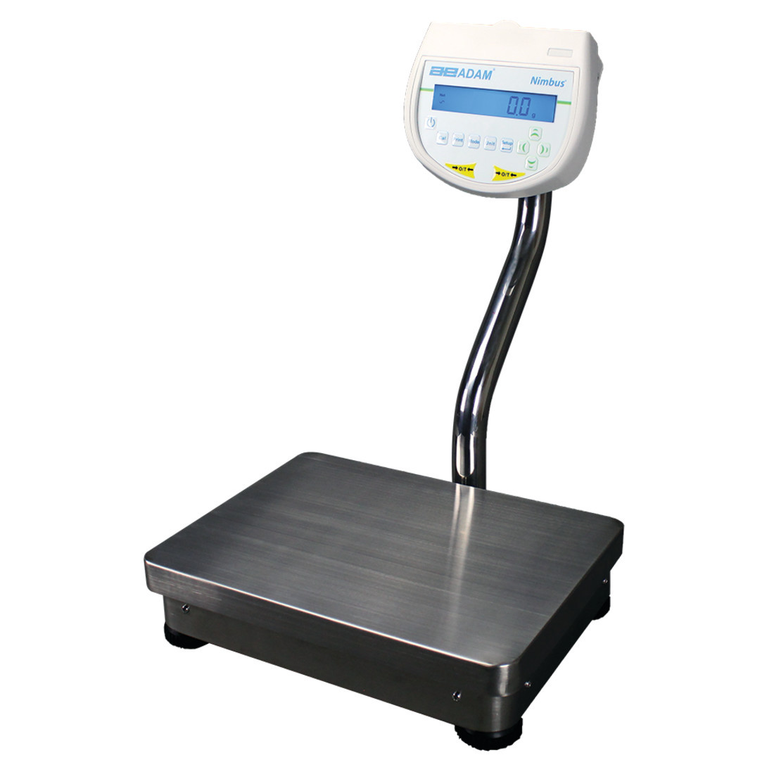 Adam Equipment Nimbus precision balance with stainless steel platform and digital display on a curved metal column.