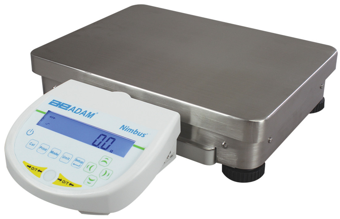 Adam Equipment Nimbus precision balance with a large stainless steel weighing pan and front digital display.