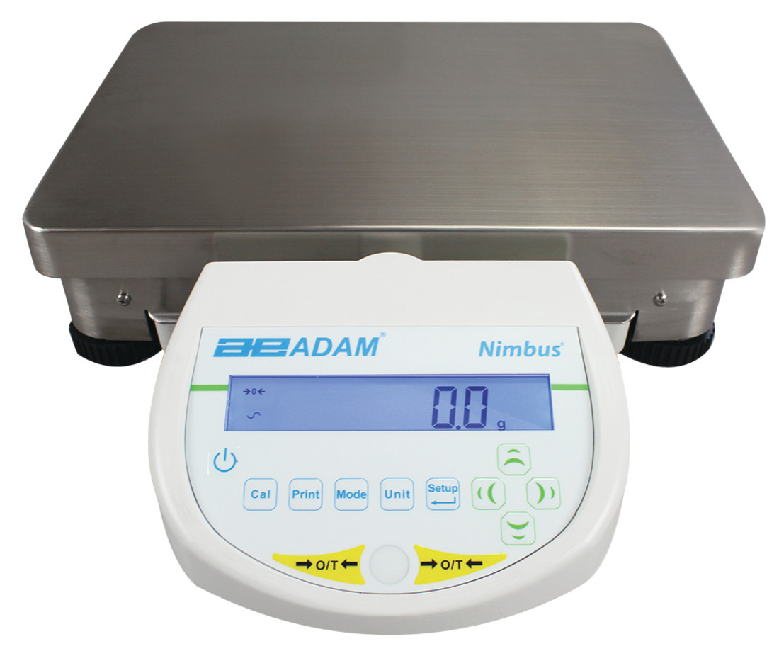 Adam Equipment Nimbus heavy-duty precision balance with a stainless steel pan and white digital control panel showing 0.0g.