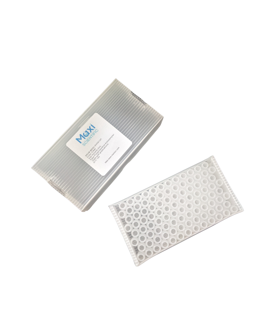 Two packages of clear plastic autosampler vials, one closed box with label and one open tray revealing 100 upright vials.