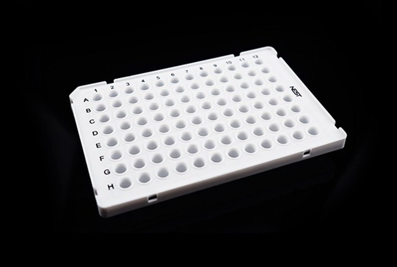 0.1ml 96 Well PCR Plate, Semi Skirt, White, A1 notch, 25/pk, 100/cs