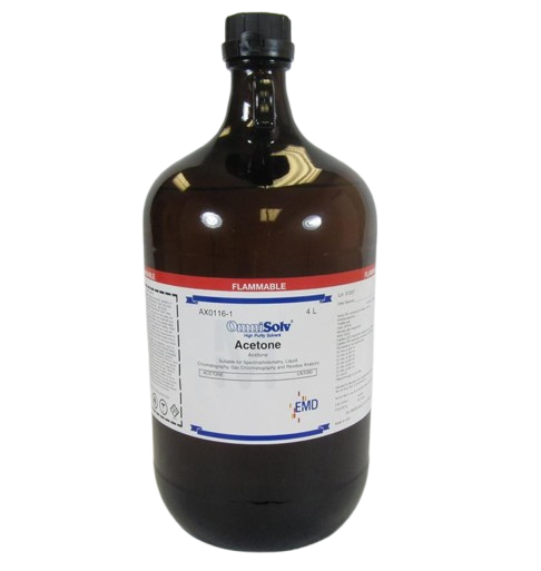 An amber glass bottle of OmniSolv Acetone with a red flammable warning label.
