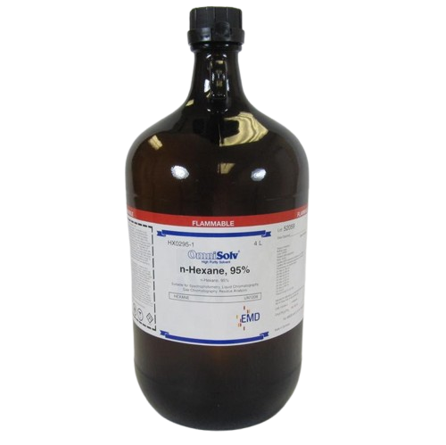 Amber glass 4L bottle of EMD OmniSolv n-Hexane 95% with a red flammable warning label.