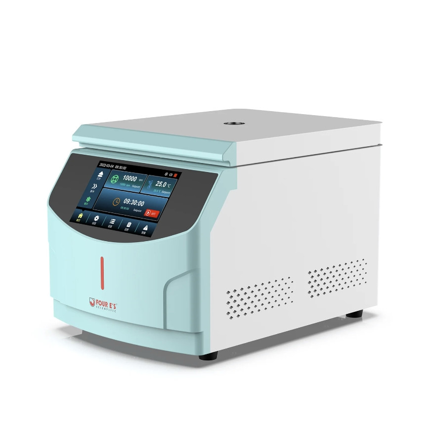 4E's high-speed lab centrifuge in white and light blue with a digital touchscreen.