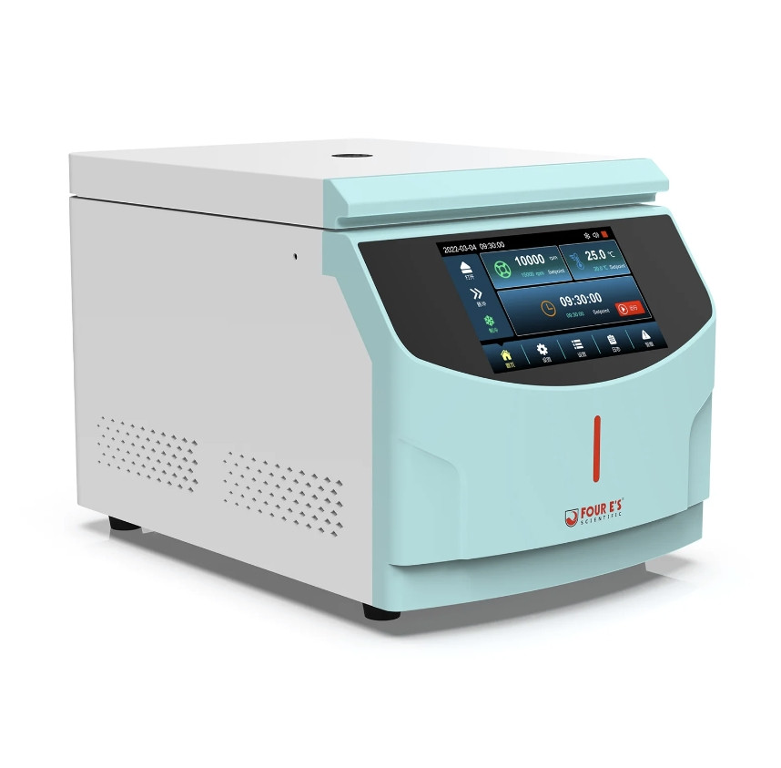 A white and pastel blue 4E's high-speed laboratory centrifuge featuring an angled digital touchscreen interface.