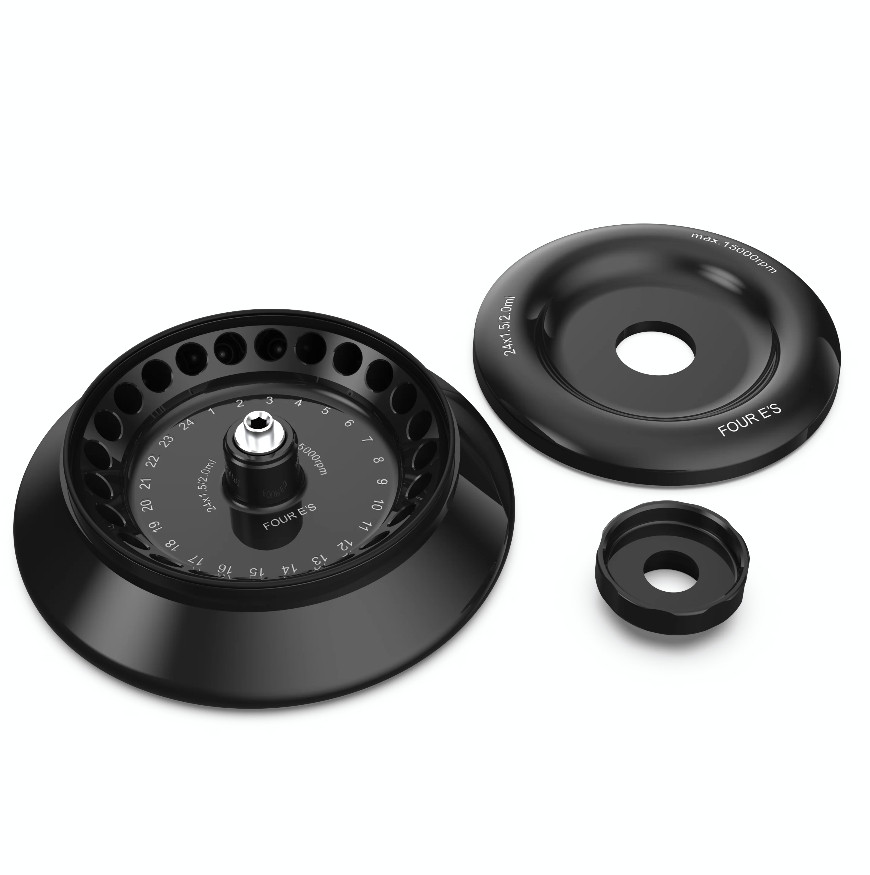 Black 4E's 24-place microcentrifuge rotor with lid and locking knob on a white background.