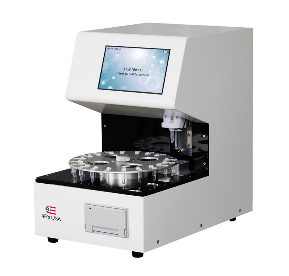 White 4E's freezing point osmometer with a 7-inch touchscreen and a rotary sample carousel holding microtubes.