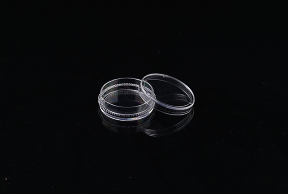 Two clear plastic cell culture dishes, one open with a gripping ring, on a black surface.