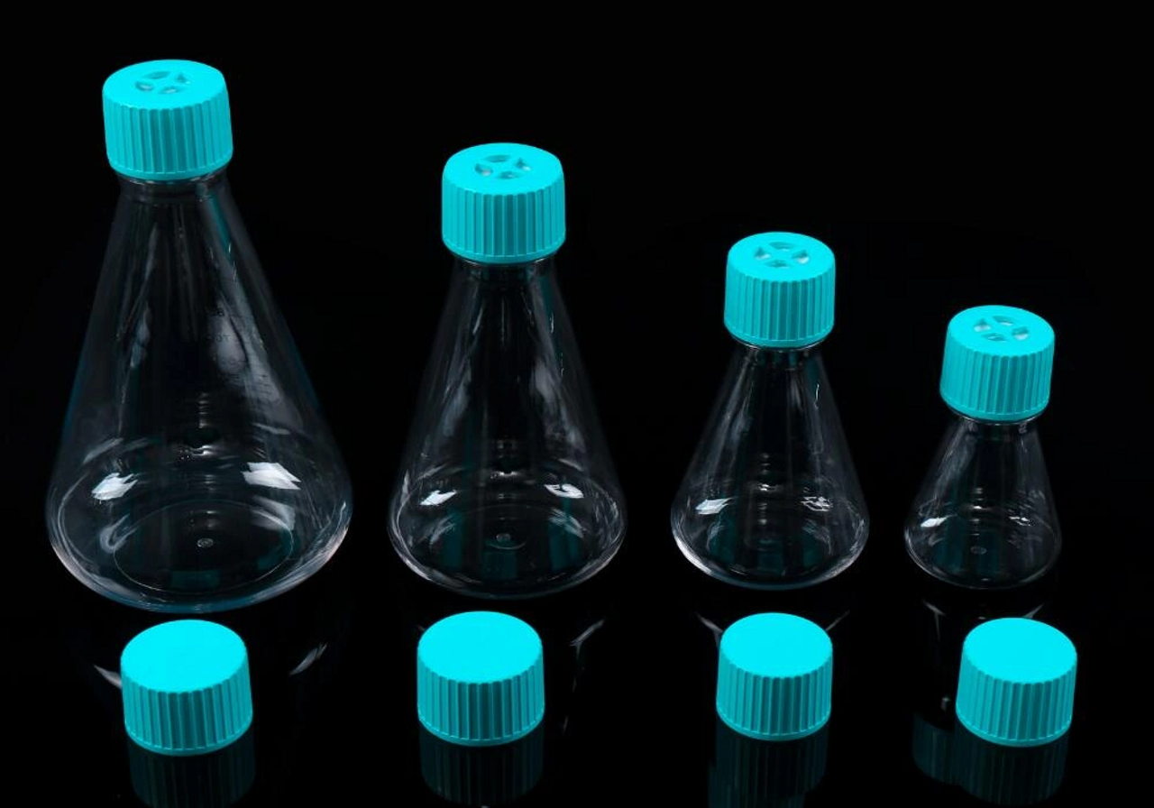125 mL PC Conical Erlenmeyer Flasks, Flat Bottom, Seal Caps, Sterile,1/pk, 24/cs