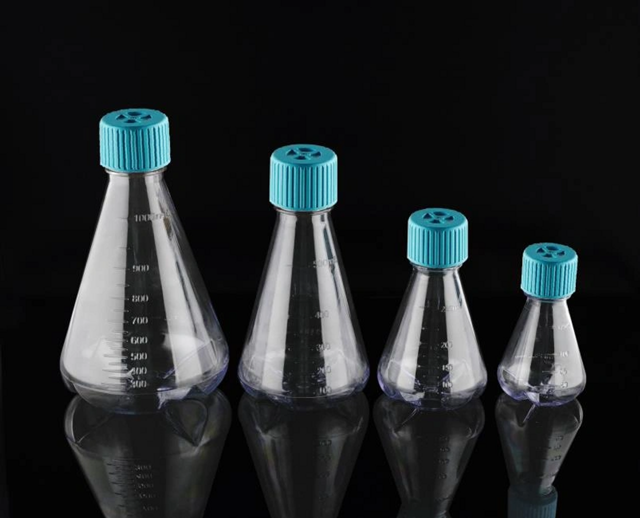 250 mL PC Conical Erlenmeyer Flasks, with Baffles, Vent Filter Caps, Sterile,1/pk, 12/cs