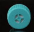 Teal plastic vented cap with a 4-port center design and ribbed outer edge, viewed from the top.