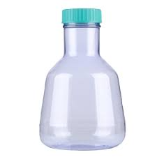 A clear polycarbonate 3L Erlenmeyer flask with a teal cap against a white background.