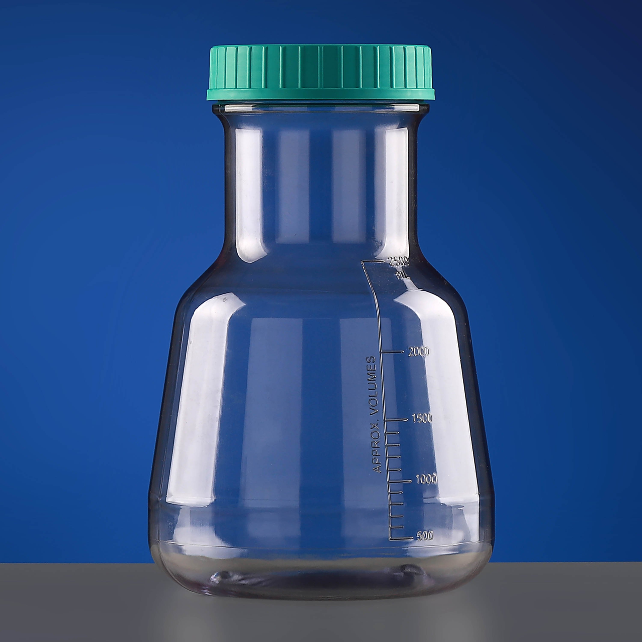 Clear 3L polycarbonate Erlenmeyer flask with a flat base, volume scale, and teal screw cap.