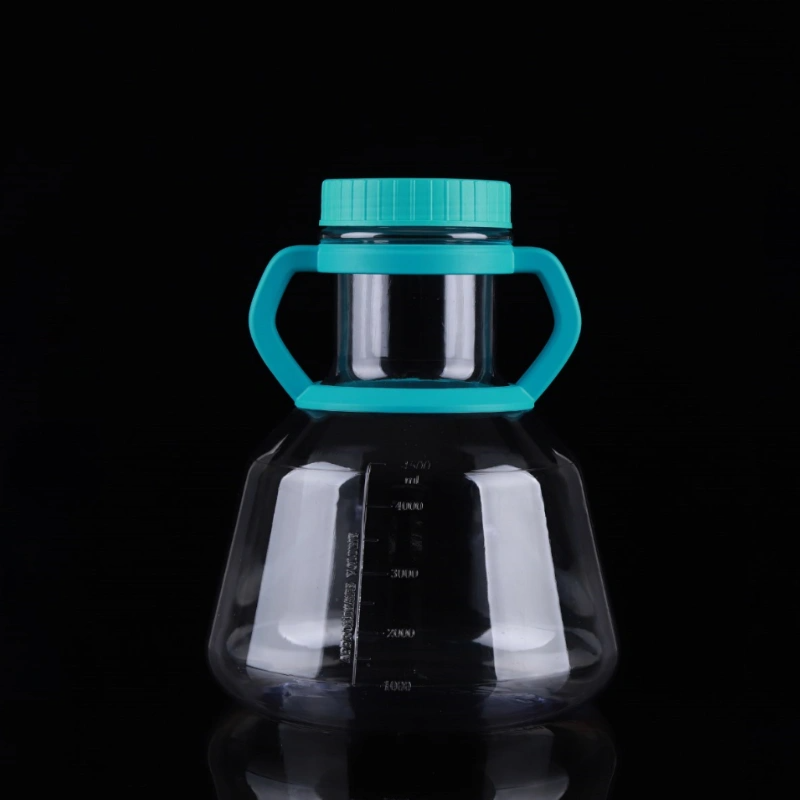 Clear 3L polycarbonate Erlenmeyer flask with turquoise dual handles and seal cap.