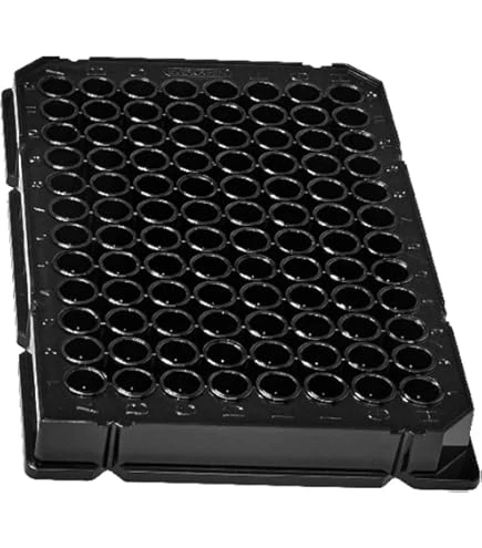 Black 96-well cell culture plate shown at an angle, featuring flat-bottom wells and coordinate markings.