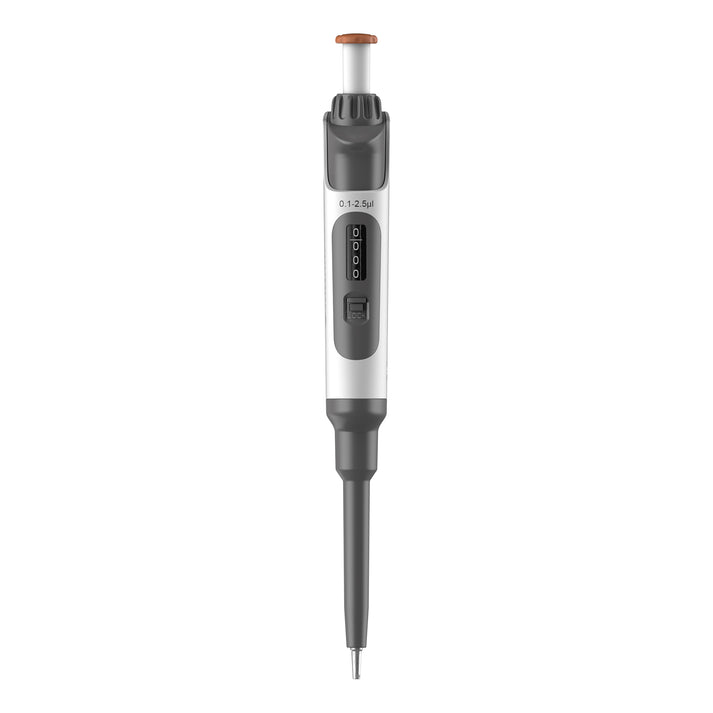 Front view of a 4E's single-channel adjustable pipette with a white and gray body and orange plunger.