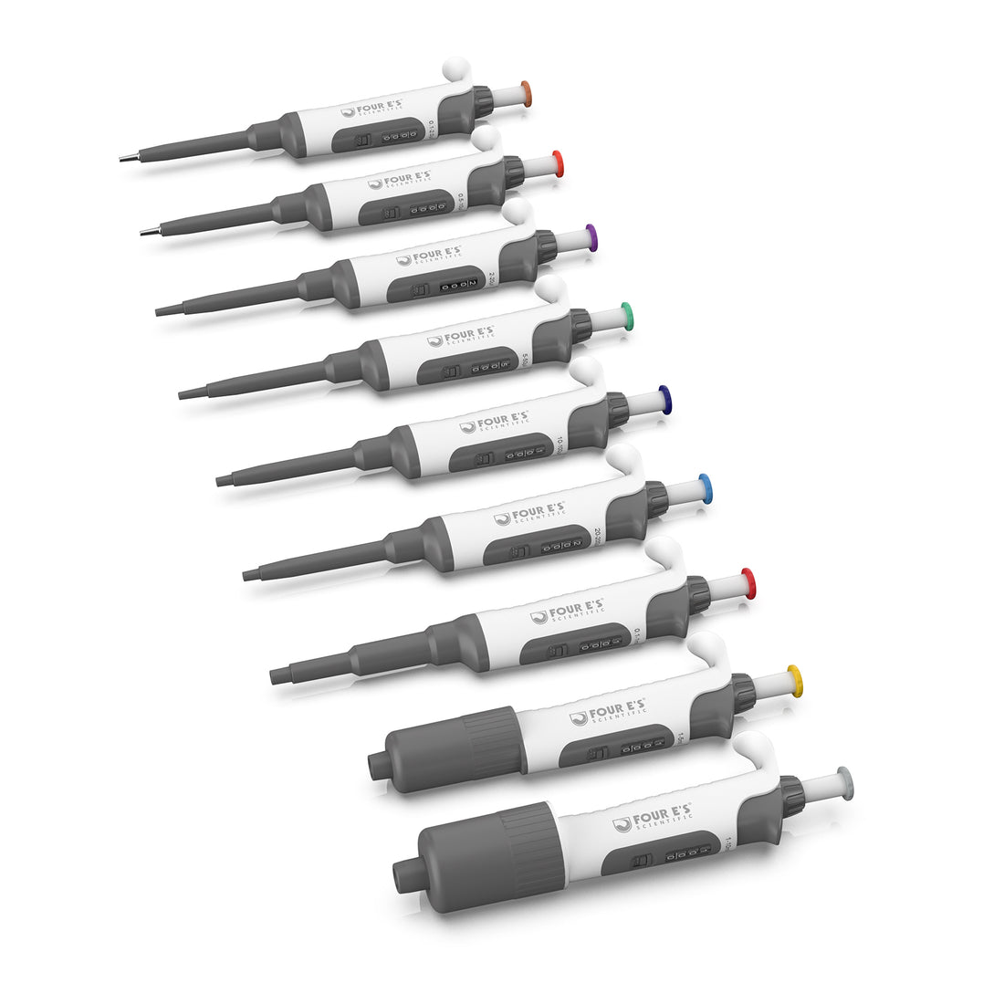 Nine 4E's single-channel adjustable pipettes with white and grey bodies and color-coded push buttons.