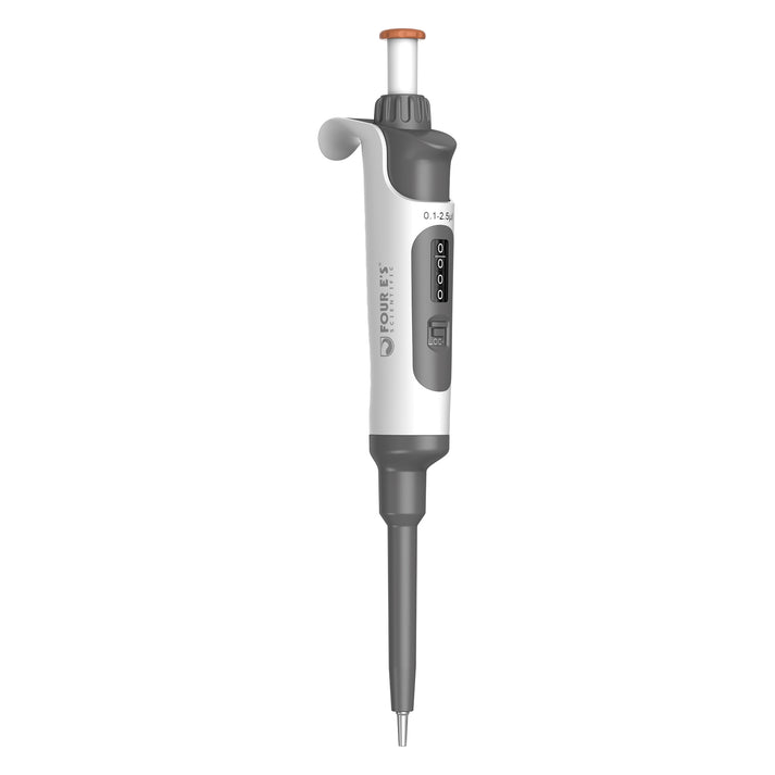 4E's fully autoclavable single-channel adjustable volume pipette in white and gray against a white background.