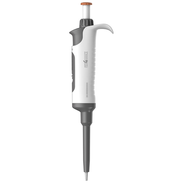 4E's single-channel adjustable volume pipette in white and dark grey, featuring an orange plunger cap.