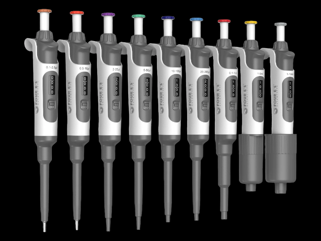 An array of nine 4E's fully autoclavable single-channel adjustable volume pipettes in various sizes and colors against a