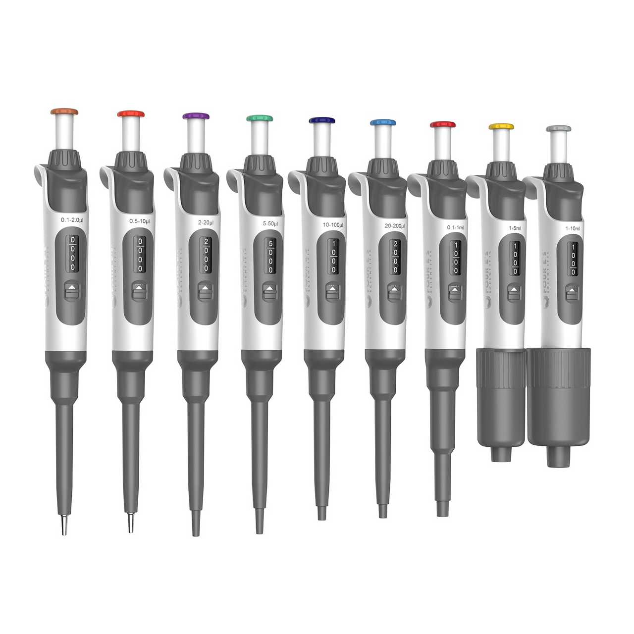 A lineup of nine 4E's adjustable volume pipettes in varying sizes with colorful plungers, viewed from the front.