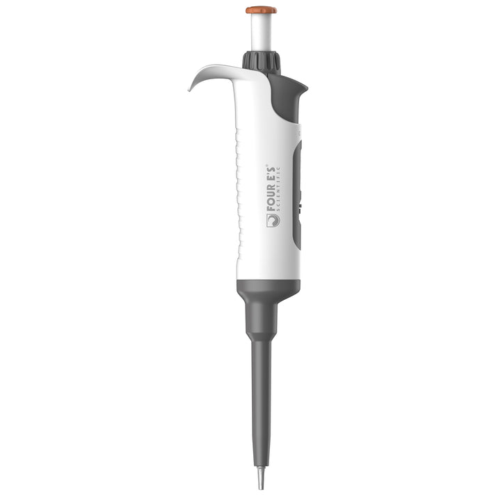 White and grey 4E's single-channel adjustable laboratory pipette viewed from the front.