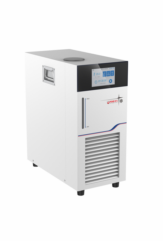 White 4E's recirculating chiller with digital touchscreen, side handle, and front cooling vents.