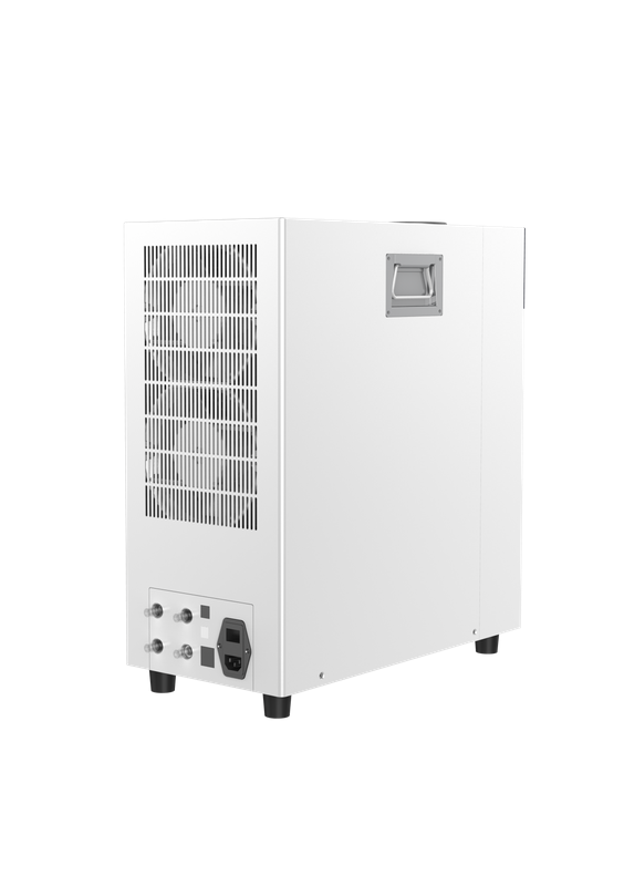 White 4E's recirculating laboratory chiller, three-quarter rear view showing ventilation grilles, water fittings, and power