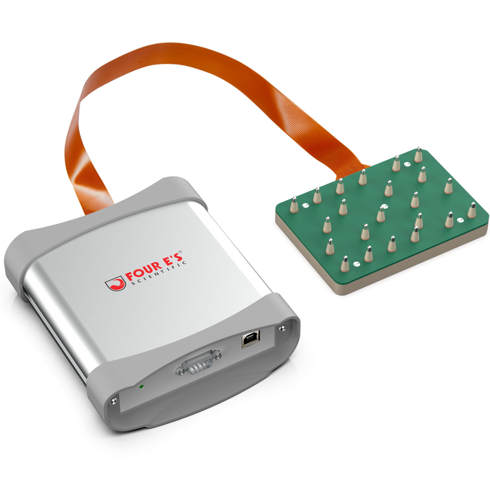 Silver data unit with Four E's logo connected via orange ribbon cable to a green sensor board with 22 pins.