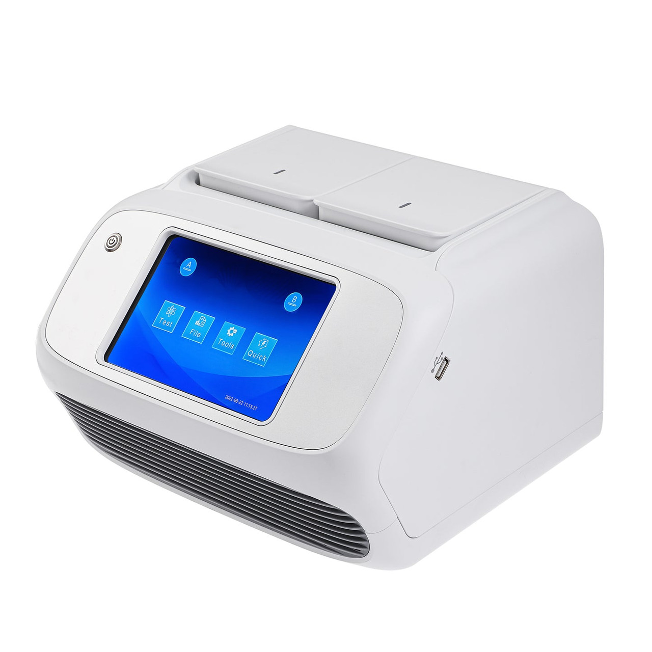 White 4E's real-time PCR system with a 7-inch blue touchscreen and dual sample blocks on top.
