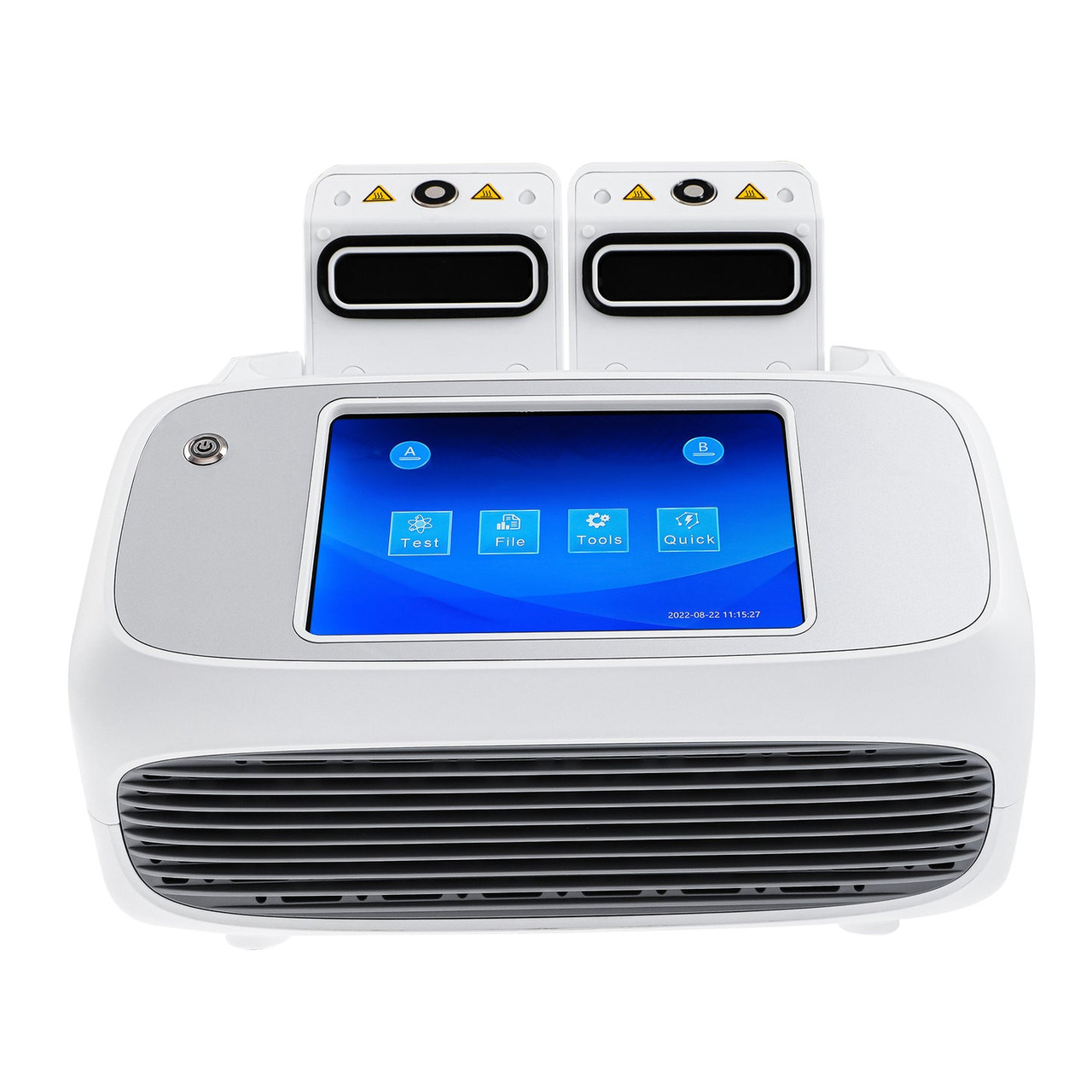 White 4E's Real-Time PCR System with dual sample blocks, touch screen, and louvered base.