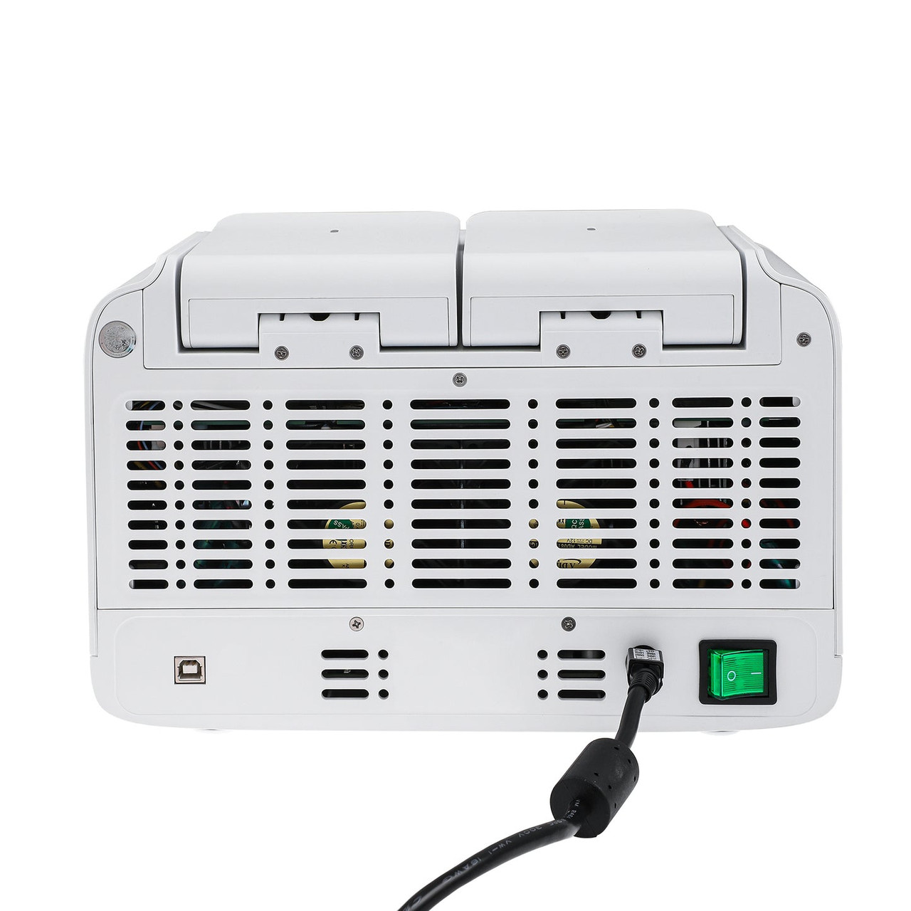 Rear view of a white 4E's Real-Time PCR System showing ventilation grilles, USB port, power cord, and green switch.