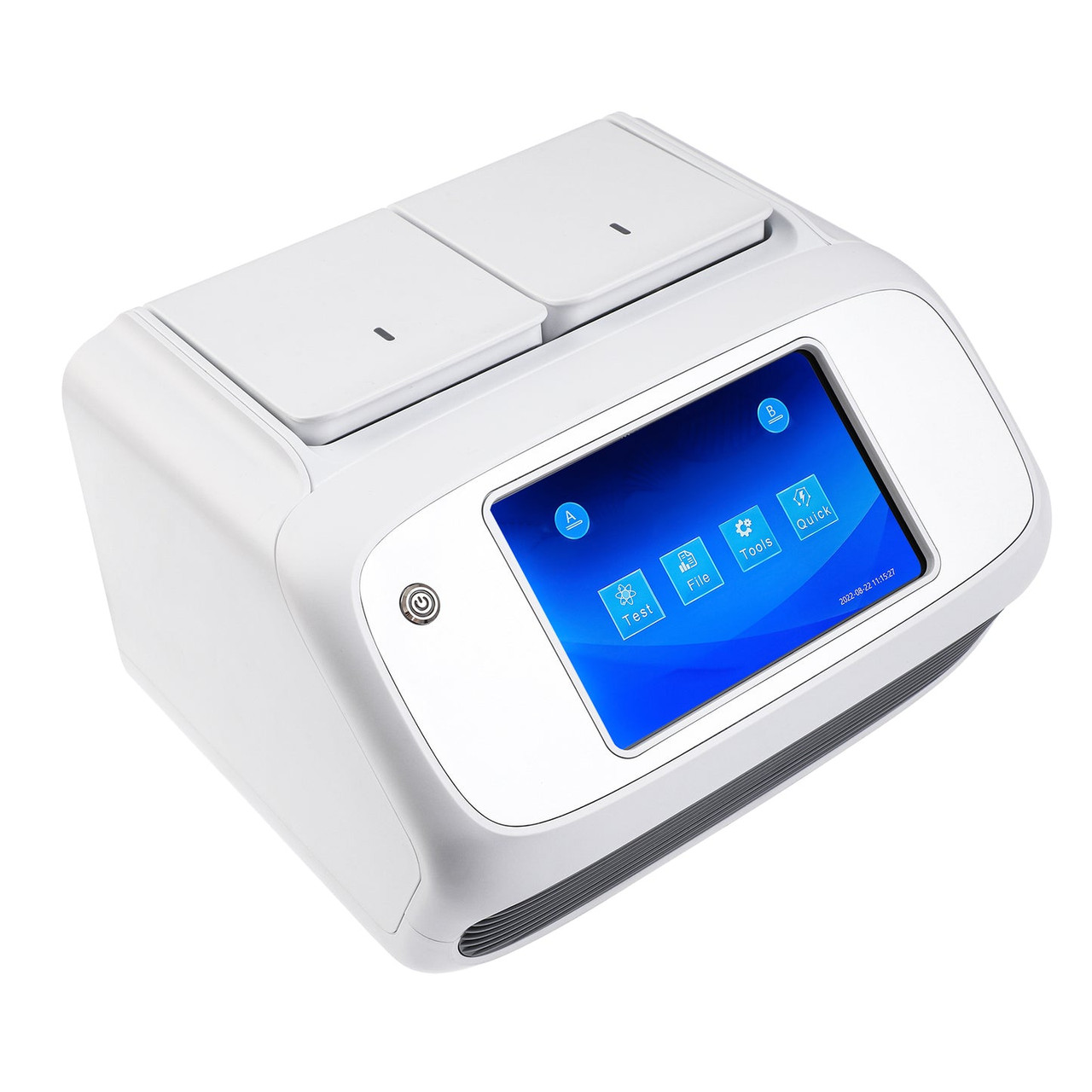 White compact 4E's Real-Time PCR System with dual blocks on top and an angled 7-inch color touch screen.