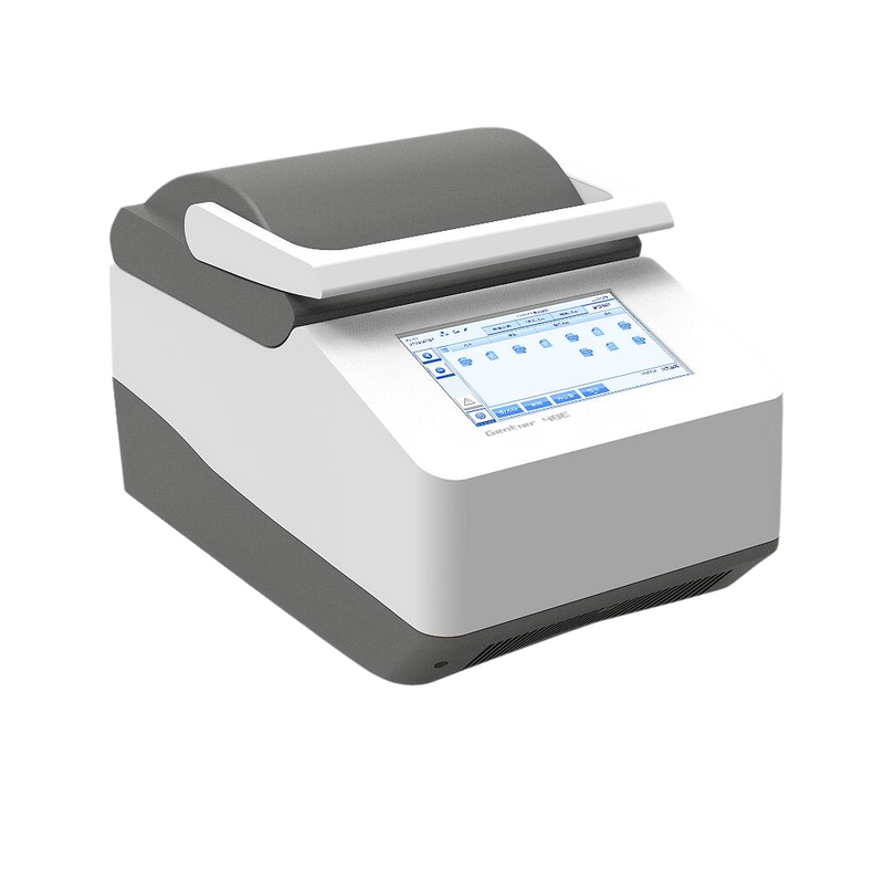 4E's Real-Time PCR System in gray and white with an angled touch screen display.