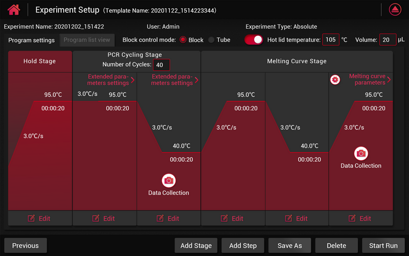 Touchscreen interface for 4E's Real-Time PCR System showing experiment setup with program stages.