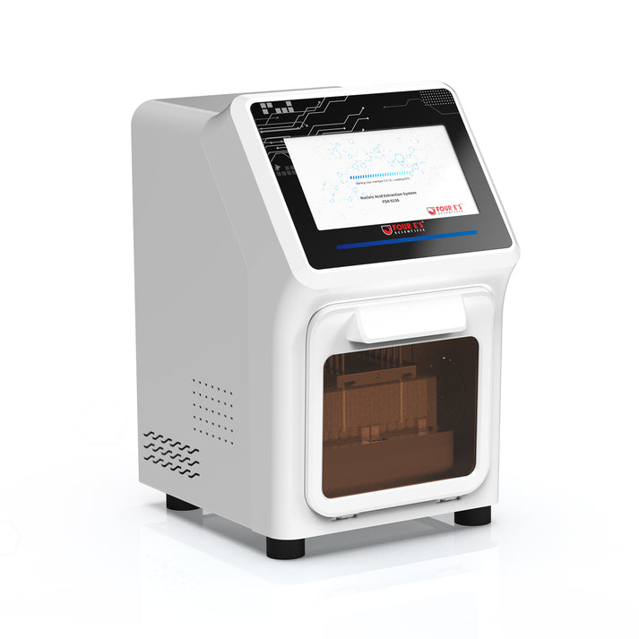 White 4E's 16-throughput nucleic acid extractor with a slanted 7-inch touchscreen, angled view.