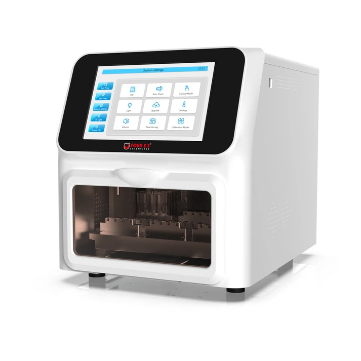 White and black 4E's large volume nucleic acid extractor with a touchscreen control panel.