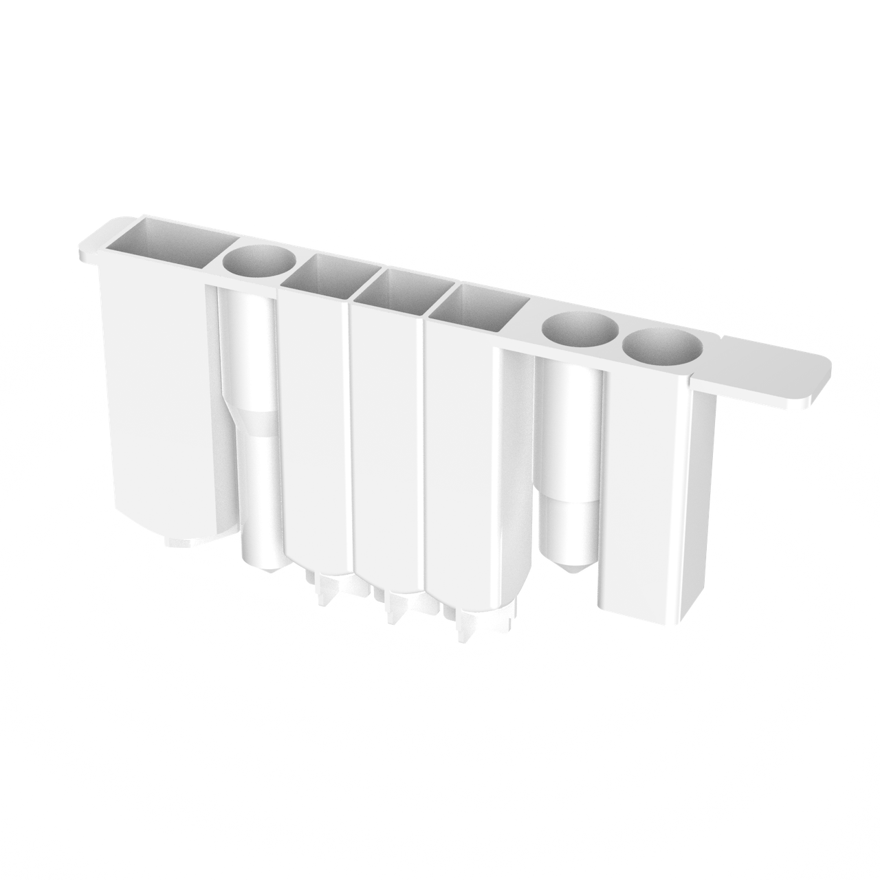 White plastic multi-chamber sample strip for laboratory extraction, angled view on black background.