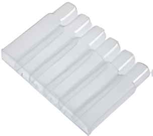 A clear plastic 6-well sample strip viewed from an angled perspective.