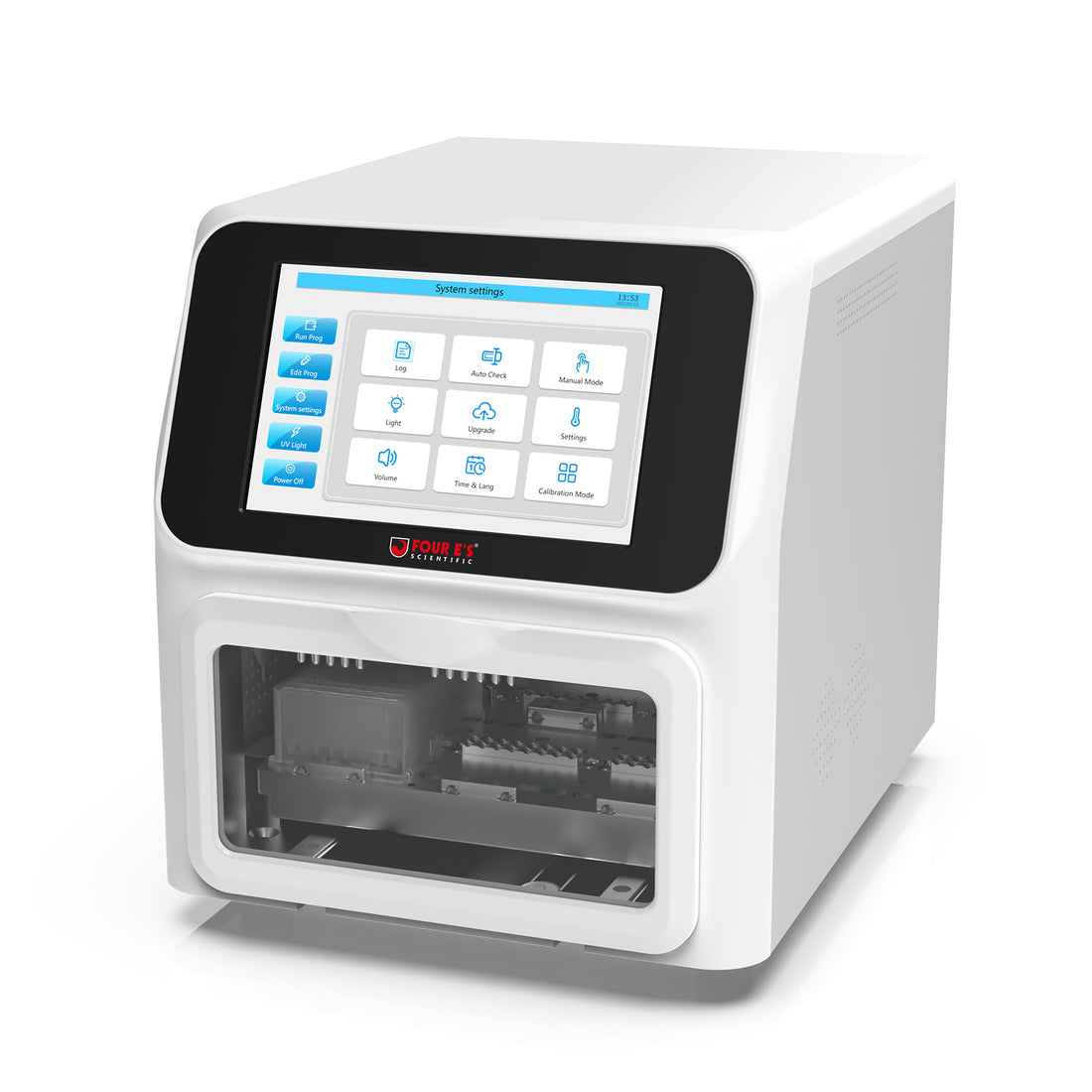 Compact white 4E's MultiEX 096P nucleic acid extractor with a touch screen control panel and clear sample chamber.