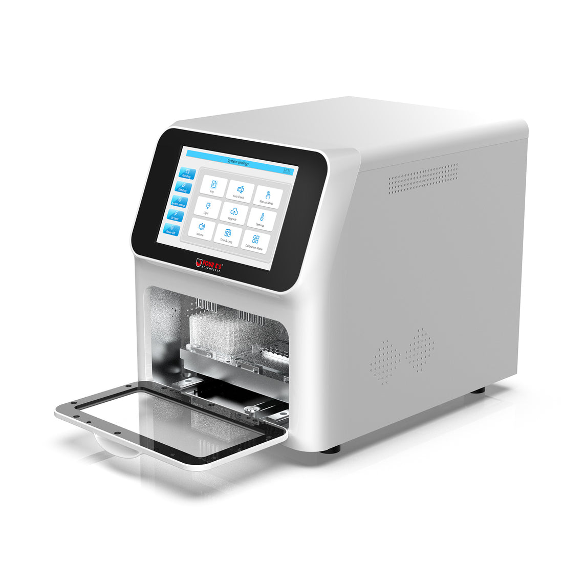 White 4E's MultiEX 096P nucleic acid extractor with touchscreen interface and open sample chamber.
