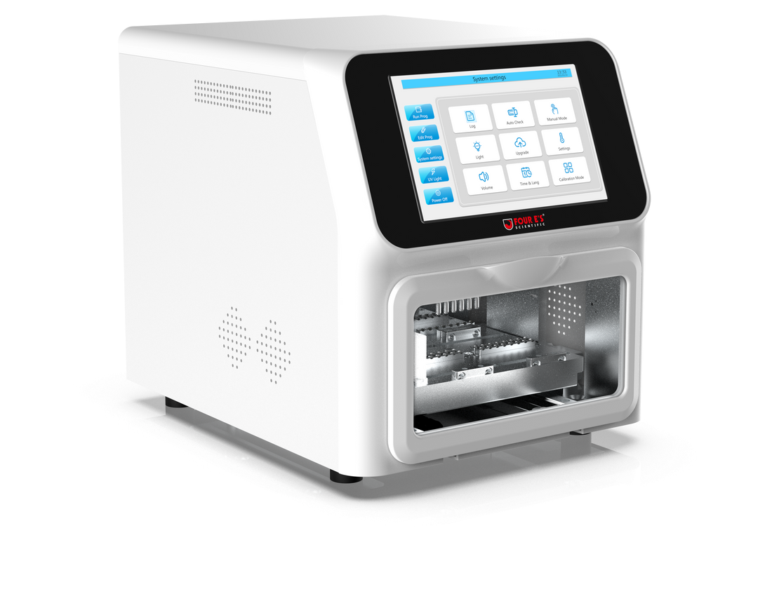 White 4E's nucleic acid extractor with touchscreen displaying system settings and a sample chamber below.