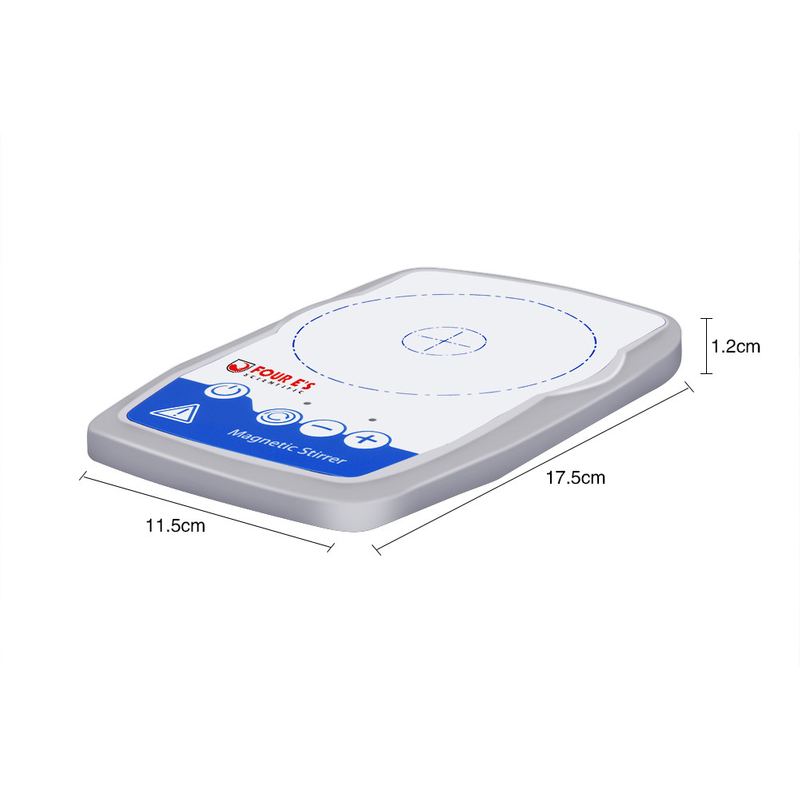 An angled, low-profile white and grey mini magnetic stirrer showing 11.5cm width, 17.5cm length, and 1.2cm height dimensions.