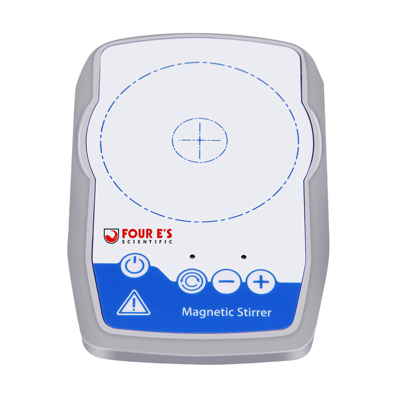Top-down view of a grey and white 4E's mini magnetic stirrer with blue control buttons.