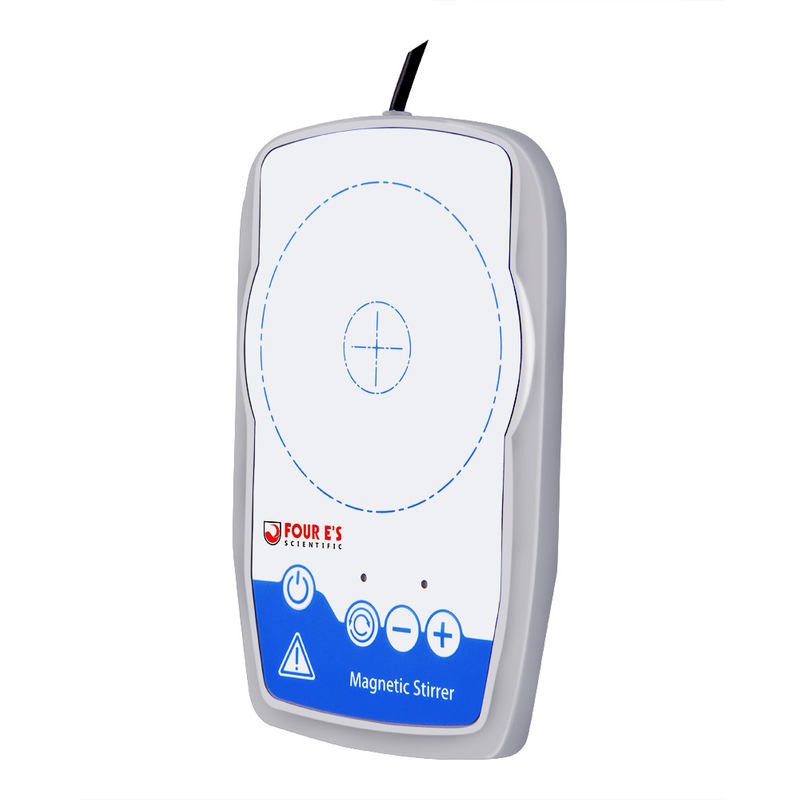 Compact white and blue 4E's mini magnetic stirrer viewed from an angled perspective.